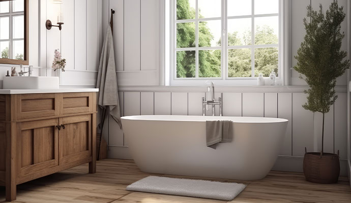 Freestanding bathtub positioned in front of bathroom window