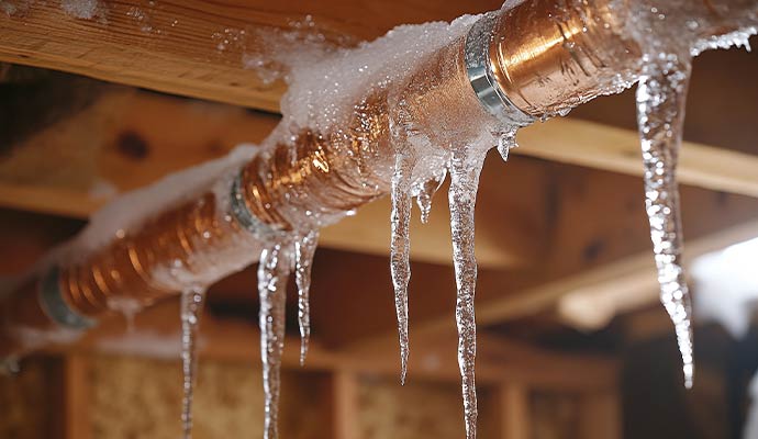 Frozen copper pipe with icicles in basement