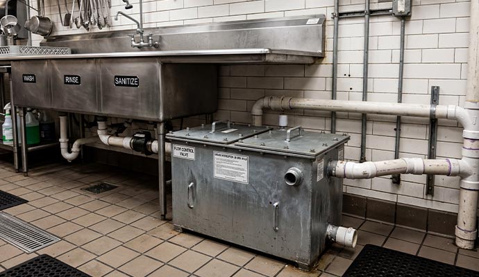 Grease interceptor unit with three-compartment sink and plumbing pipes