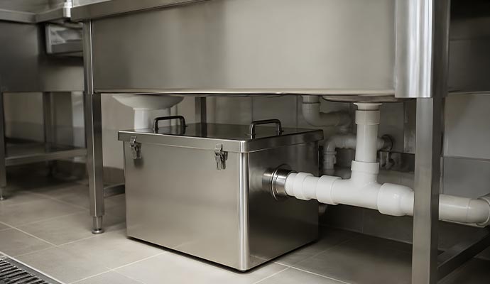Grease trap box installed under a commercial kitchen sink with pipes