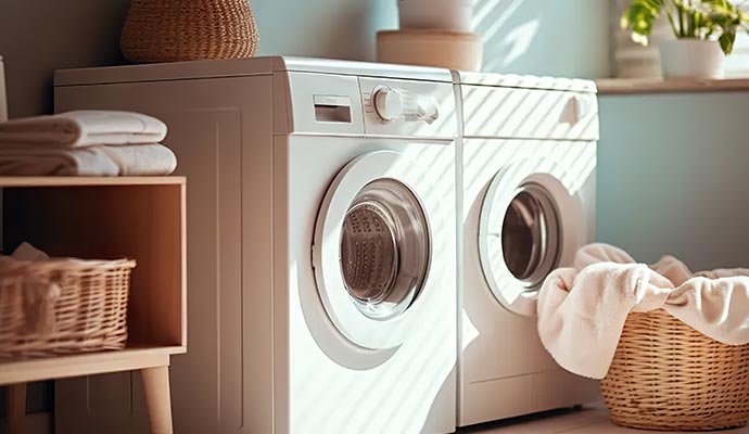 A clean and organized laundry room with white appliances and wooden storage accents