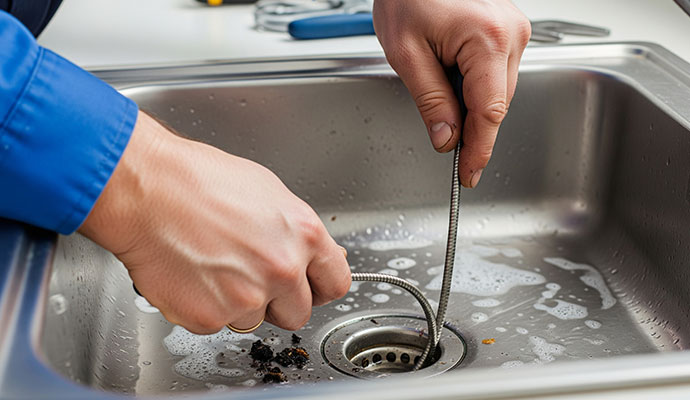 Plumber clearing kitchen sink drain with plumbing snake