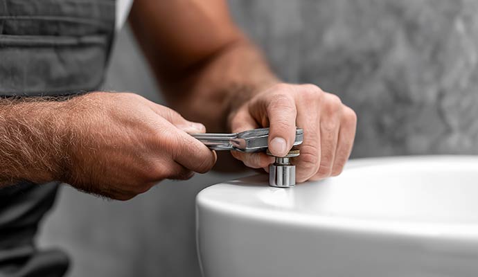 Plumber repairing leaky faucet