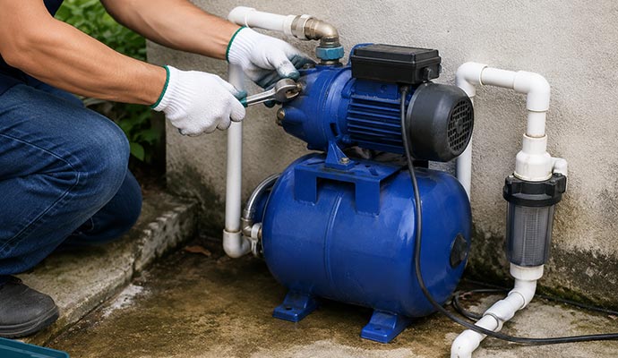 A technician replace an outdoor residential water pump system