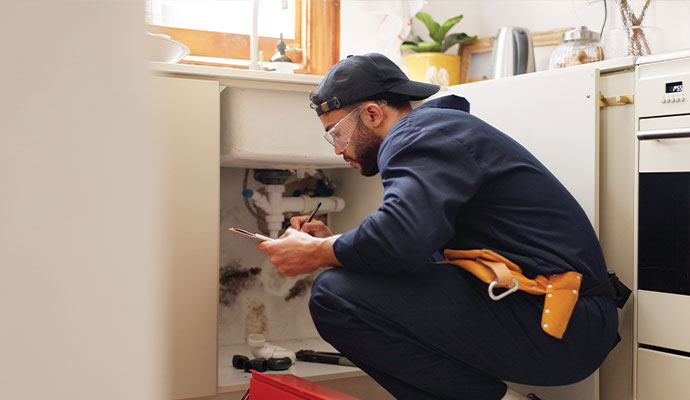 Plumber inspecting under sink for leak location