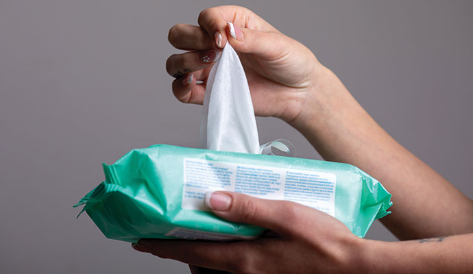 A person is pulling a wet wipe from a package