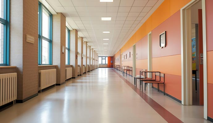 School hallway with orange walls