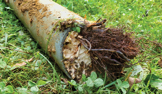 Sewer pipe heavily clogged with tree roots