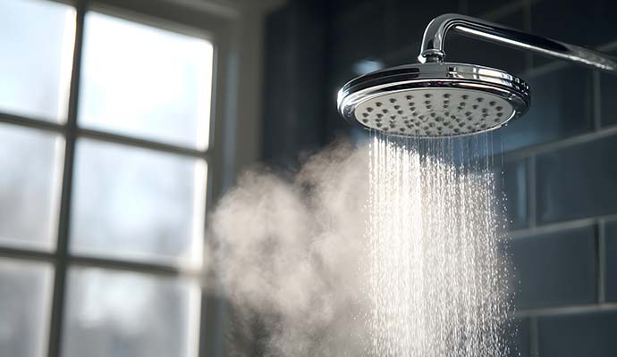 Shower head mounted on a wall arm with hot water and steam flowing