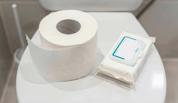 Toilet paper and wipes on a toilet