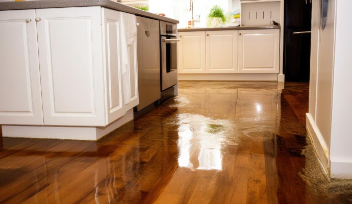 Water damage flooding on hardwood kitchen floor