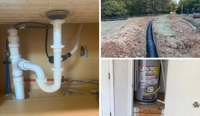 Collage of sink plumbing, trench and water heater