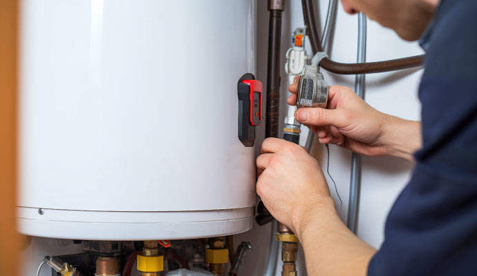 Person repairing water heater with equipment
