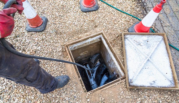 Worker feeding hose into drainage pit